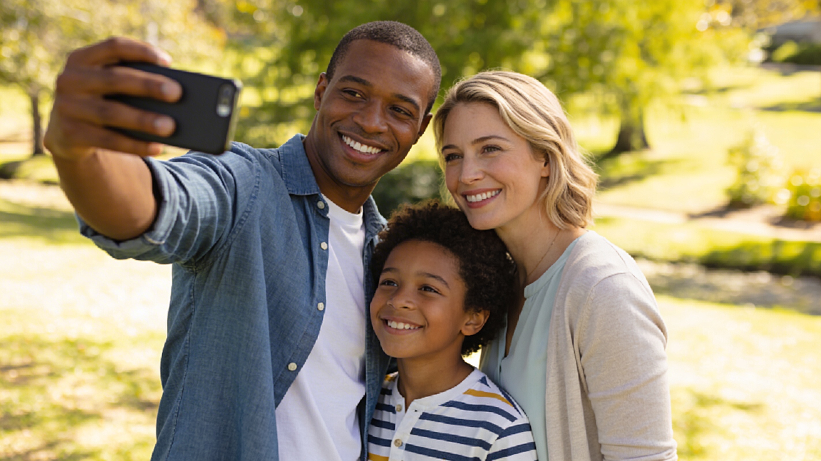 A family — father, mother and child — happily using the Tinka ride app together in Kampala